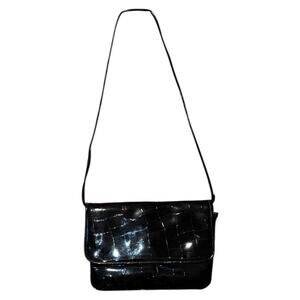 Vintage 90s Black Patent Faux Croc Shoulder Bag Glossy Y2K Purse